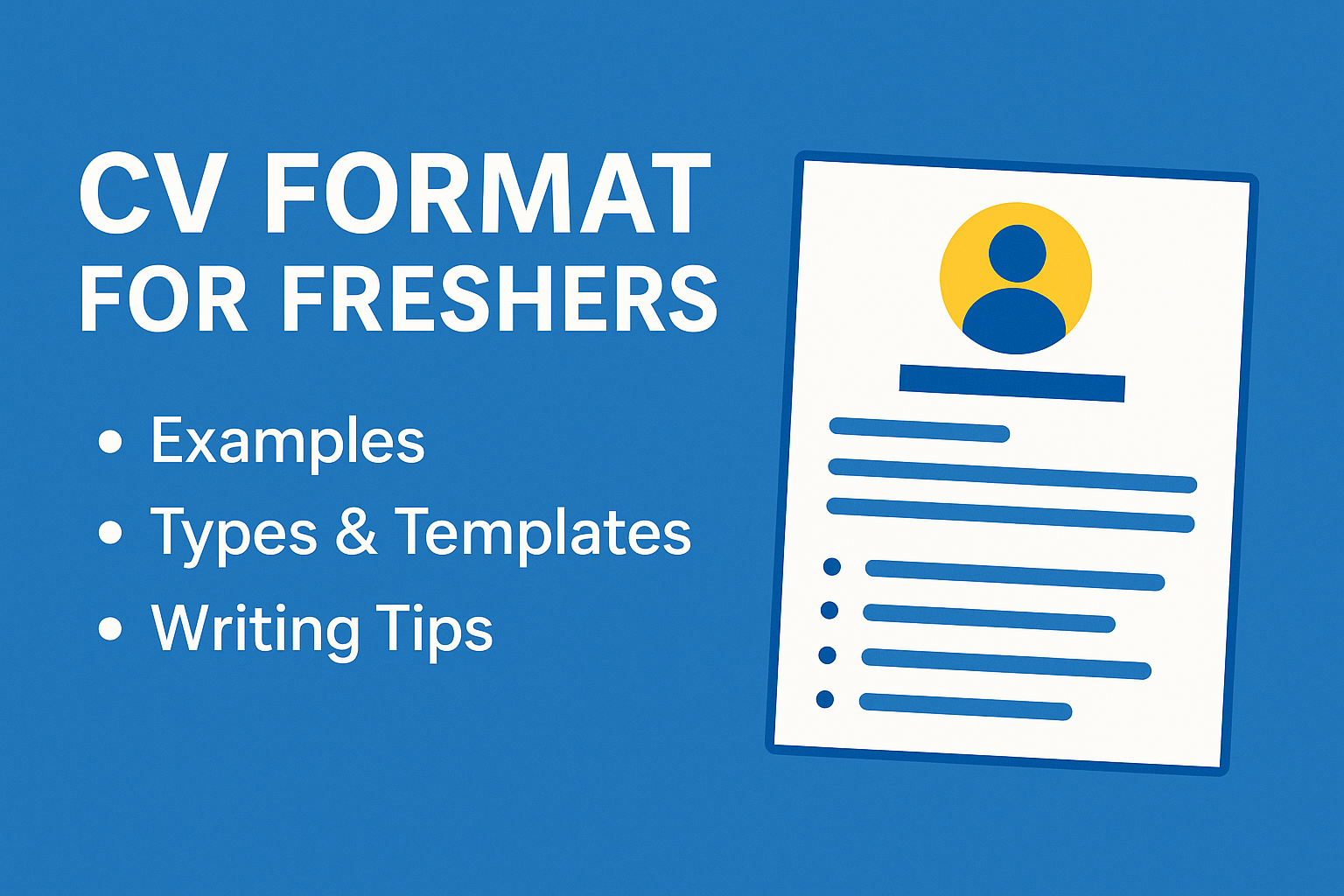 Featured image for article 'CV Format for Freshers' showing a resume document, relevant tips, and download options on a blue professional background