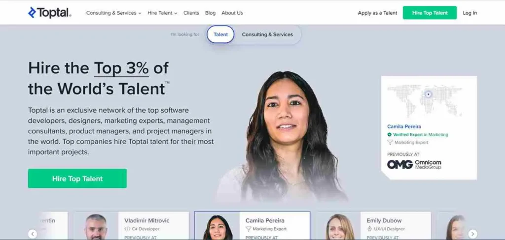 A screenshot of toptal.com that shows homepage.