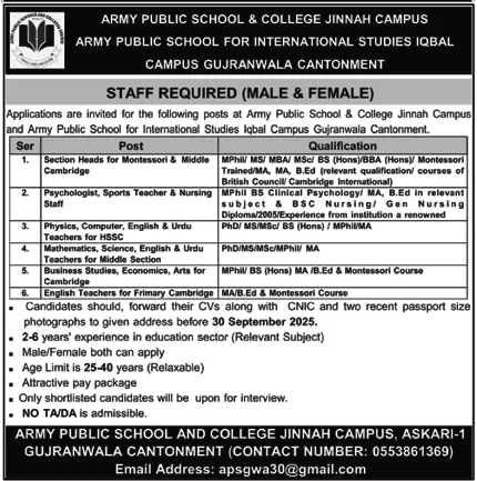 Army Public School & College Gujranwala Jobs 2025 advertisement