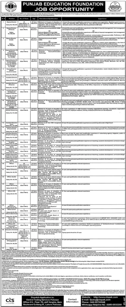 This image shows Punjab Education Foundation PEF Lahore Jobs 2025 Advertisement. 