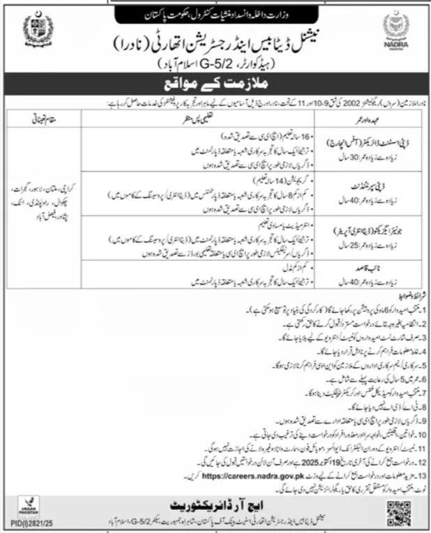 This image is NADRA Jobs 2025 advertisement posted on 05-10-2025